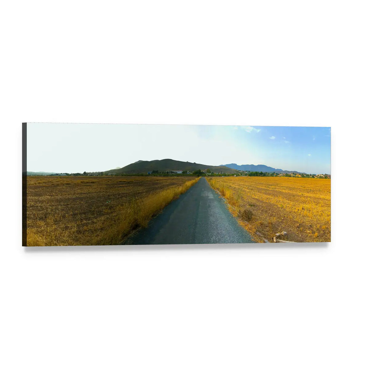 Country Road Through Golden Fields Panoramic Canvas Wall Art, single panel gallery wrapped canvas, angled product view