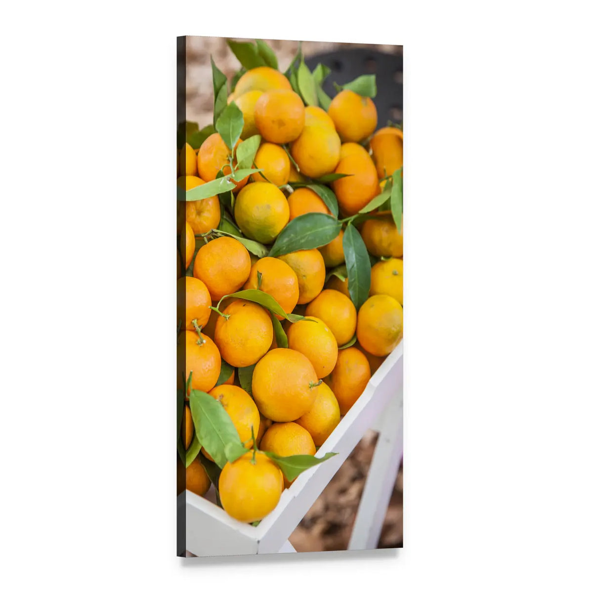 Oranges with Leaves in White Crate Vertical Canvas Wall Art, 1 panel 1 Vertical layout gallery wrapped canvas set, angled product view