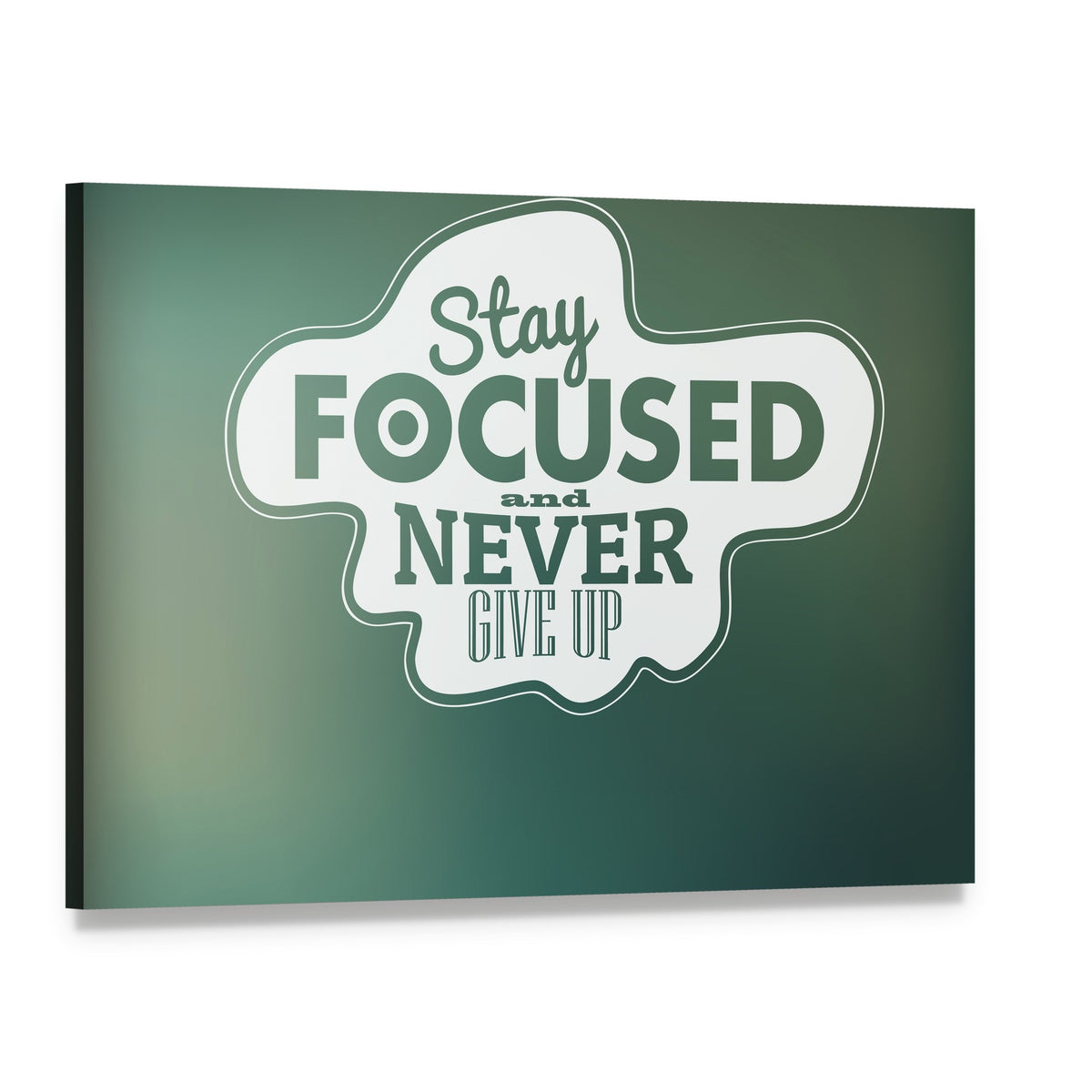 Stay Focused and Never Give Up Quote Canvas Wall Art, single panel gallery wrapped canvas, angled product view