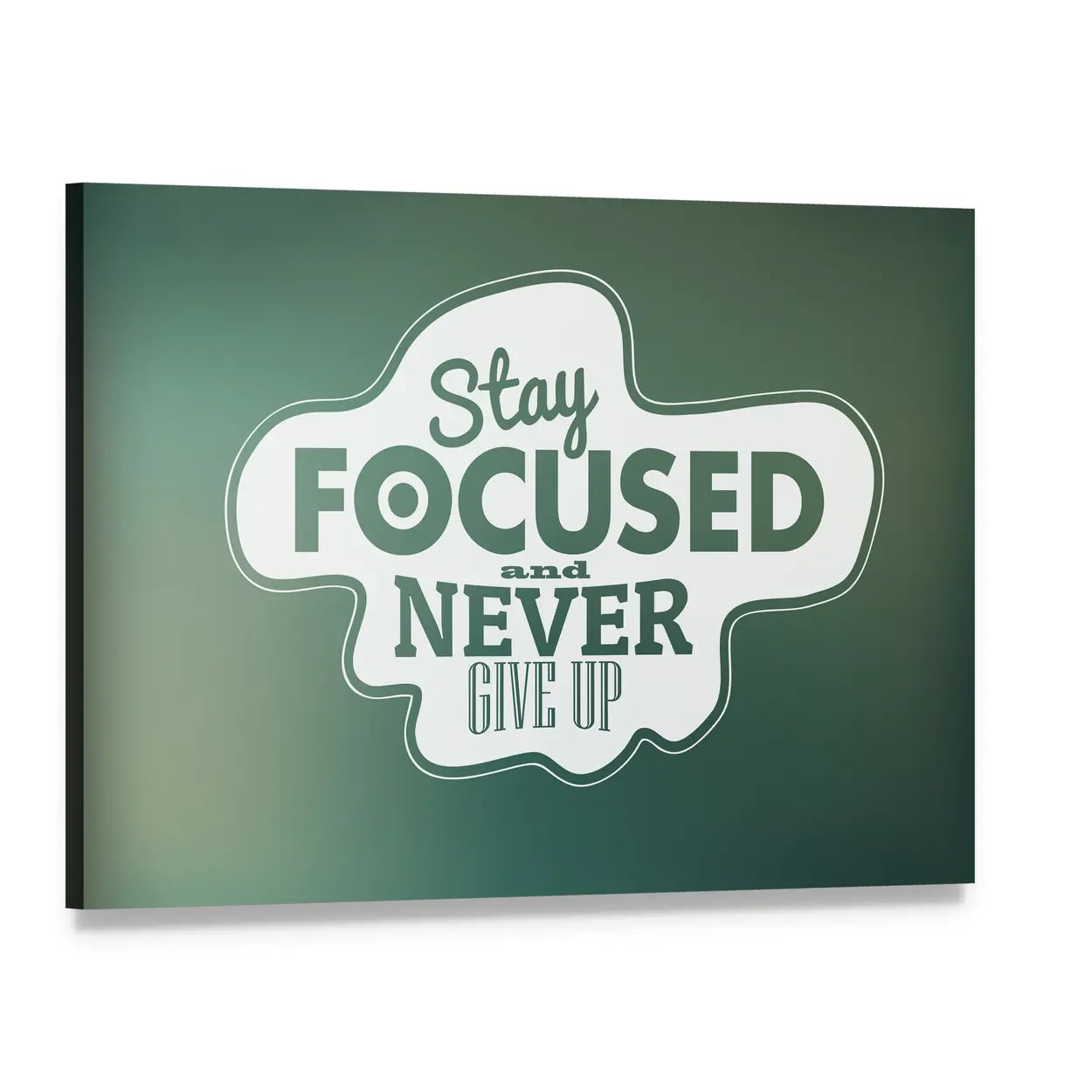 Stay Focused and Never Give Up Quote Canvas Wall Art, single panel gallery wrapped canvas, angled product view