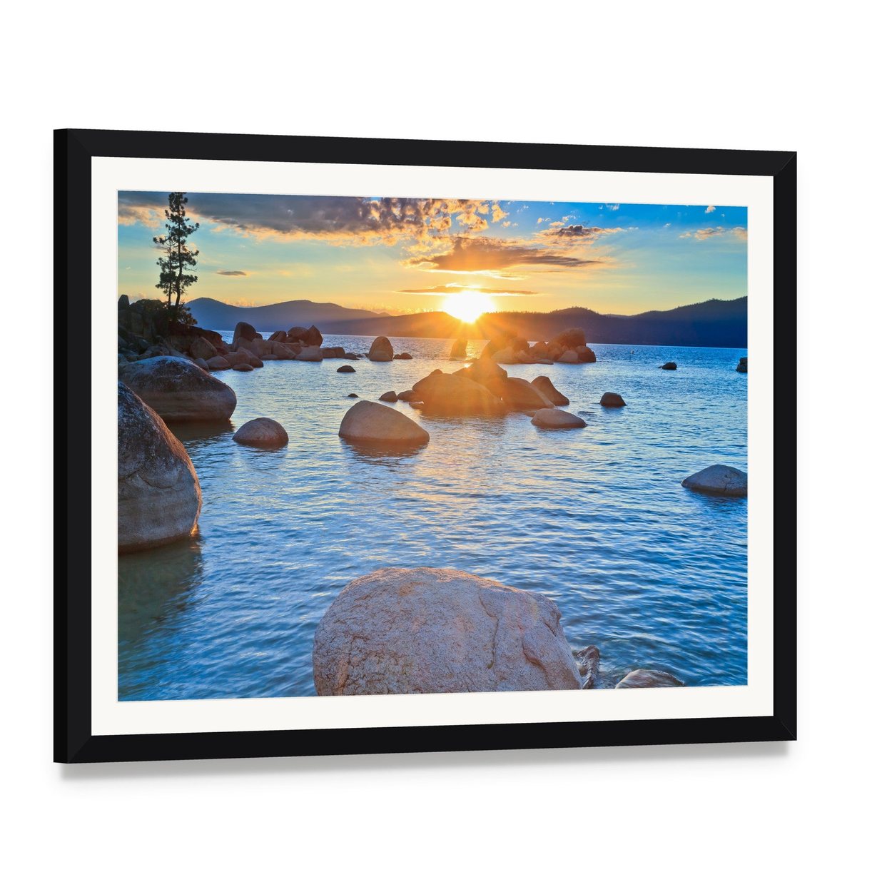 Lake Tahoe Sunset with Pine Silhouette Canvas Wall Art, framed print with white mat and black frame, angled product view