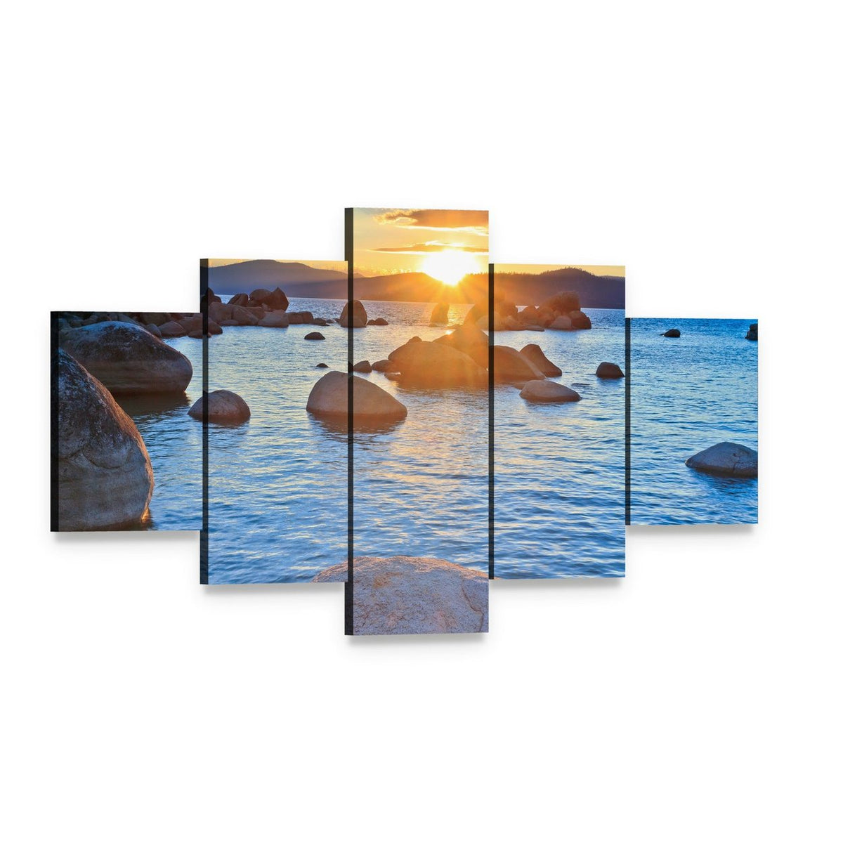 Lake Tahoe Sunset with Pine Silhouette Canvas Wall Art, 5 panel 5 Star layout gallery wrapped canvas set, angled product view
