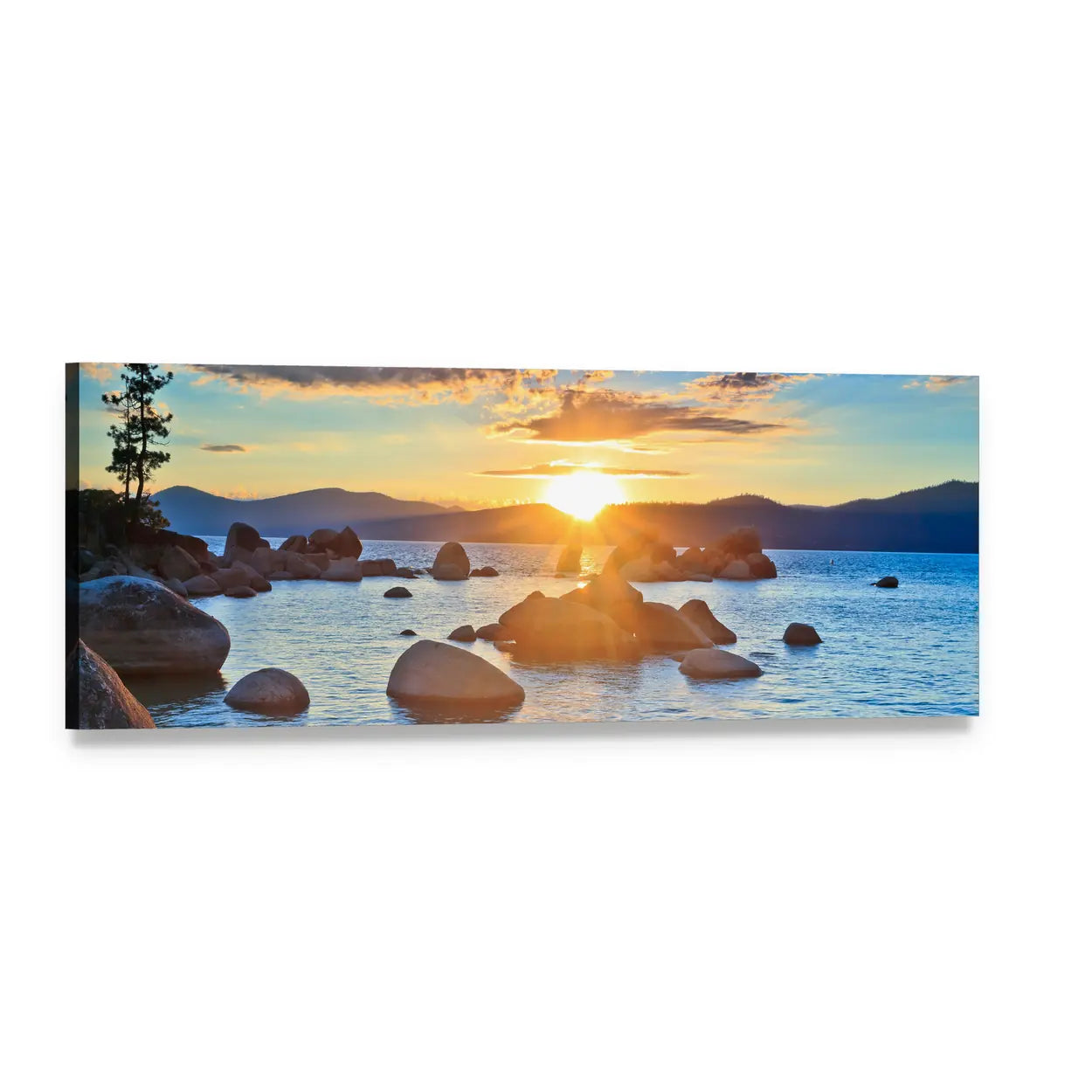 Sunset at Lake Tahoe Panoramic Canvas Wall Art, single panel gallery wrapped canvas, angled product view