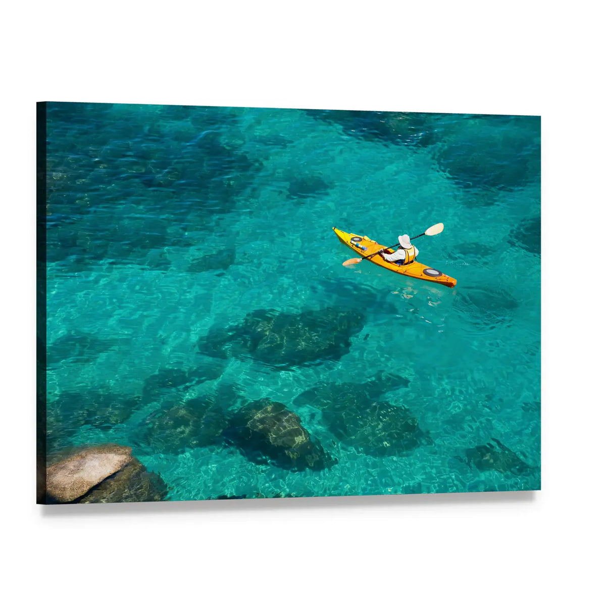 Yellow Kayak in Turquoise Water Canvas Wall Art, single panel gallery wrapped canvas, angled product view