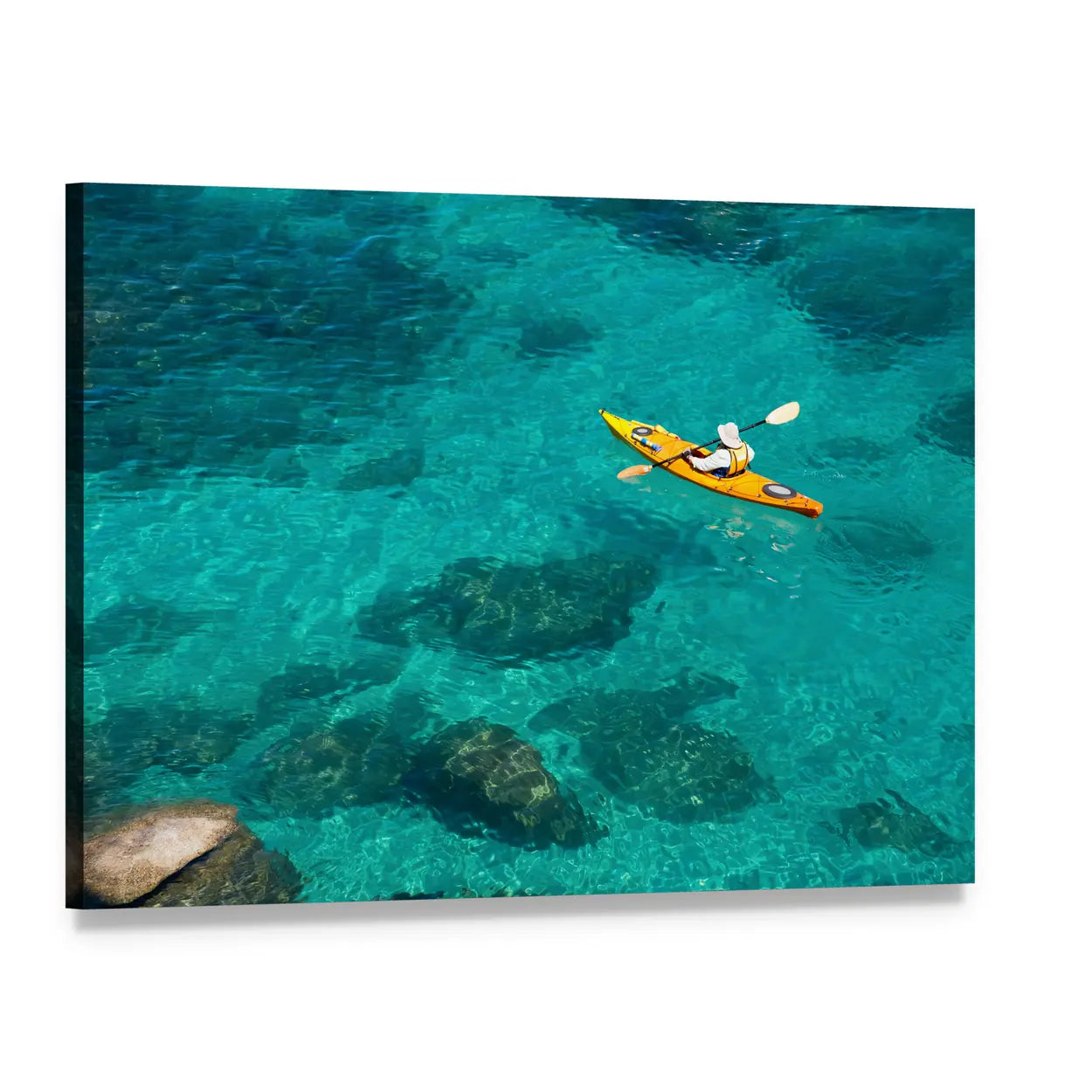Yellow Kayak in Turquoise Water Canvas Wall Art, single panel gallery wrapped canvas, angled product view