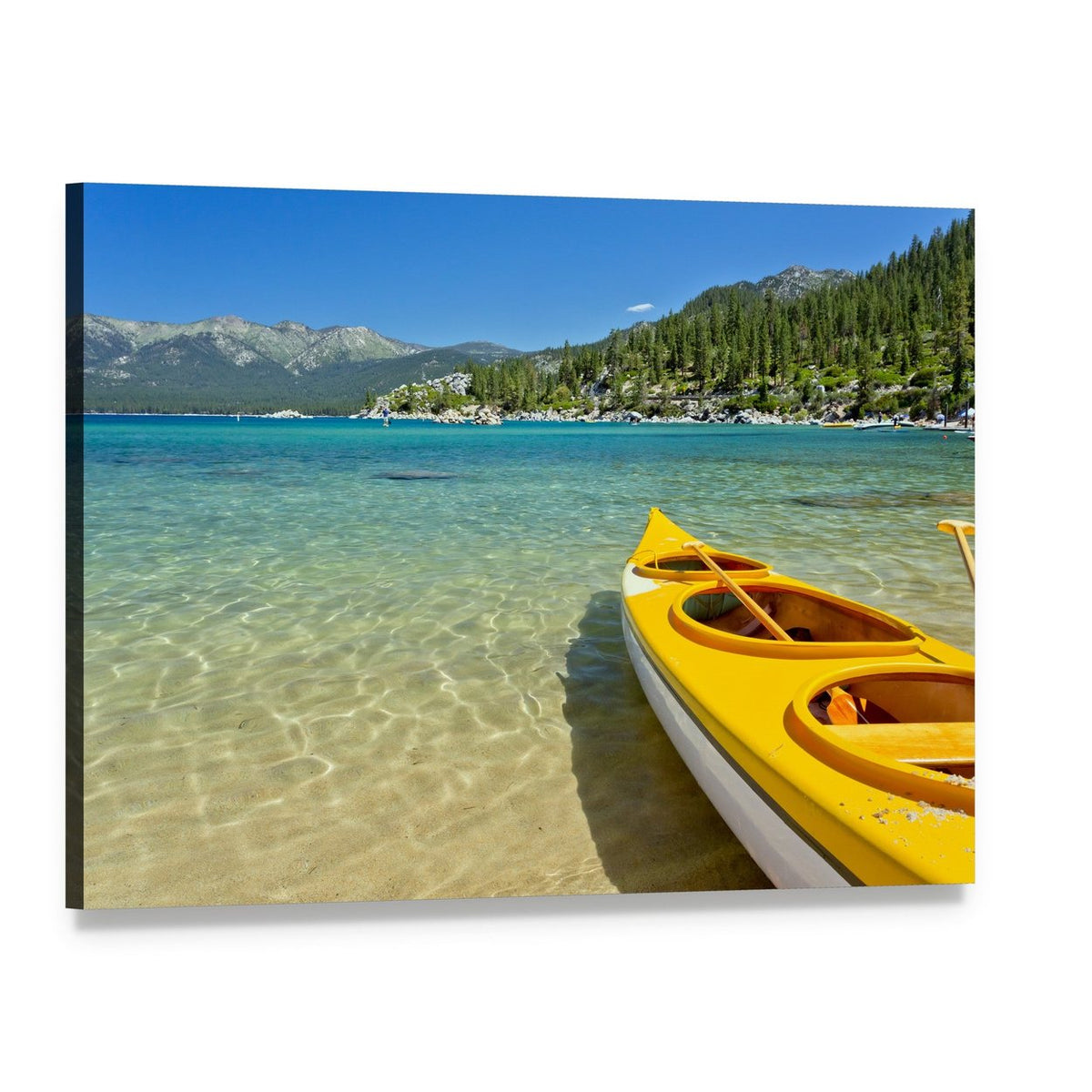 Yellow Kayak on Calm Lake Canvas Wall Art, single panel gallery wrapped canvas, angled product view