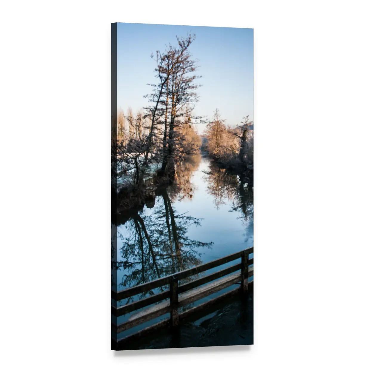 Winter River with Frost-covered Trees Vertical Canvas Wall Art, 1 panel 1 Vertical layout gallery wrapped canvas set, angled product view