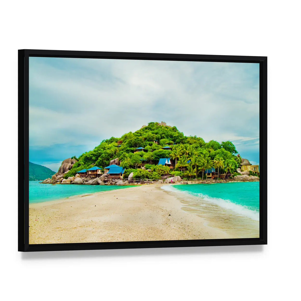 Tropical Island Beach in Thailand Canvas Wall Art, framed canvas in a black floater frame, angled product view
