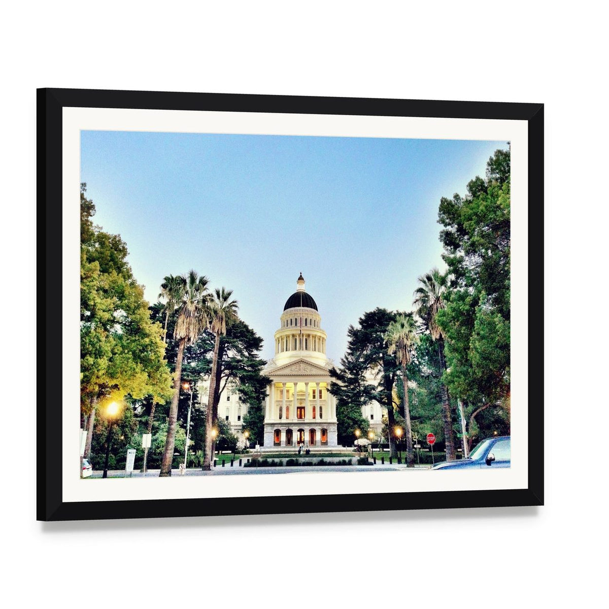 Sacramento State Capitol Building Canvas Wall Art, framed print with white mat and black frame, angled product view