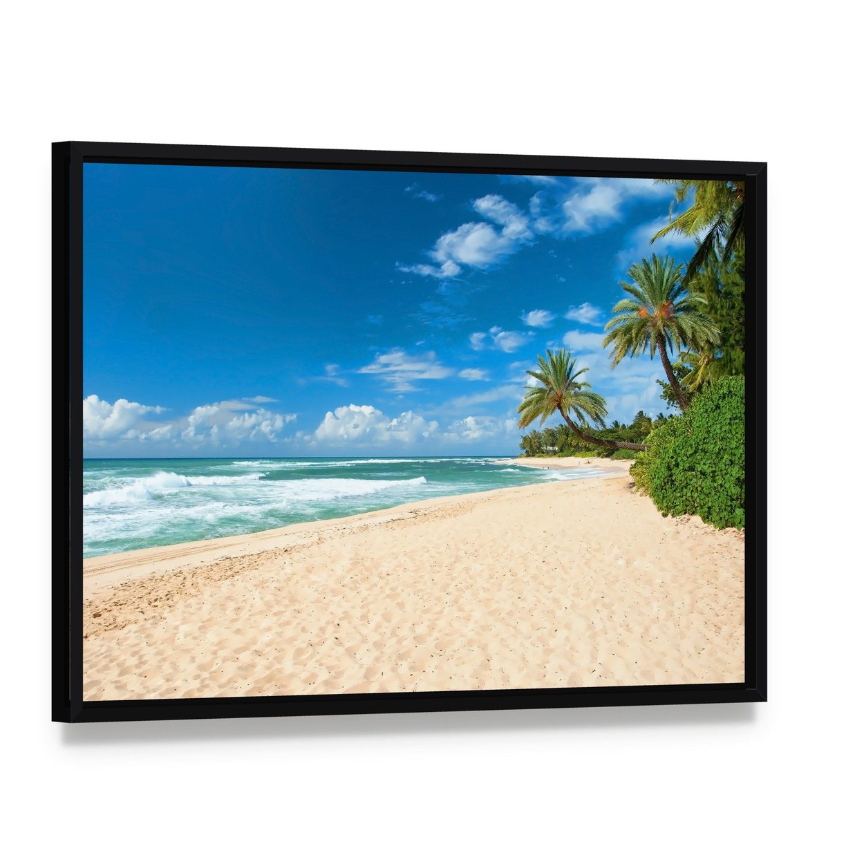 Sandy Beach with Palm Trees and Azure Ocean Canvas Wall Art, framed canvas in a black floater frame, angled product view