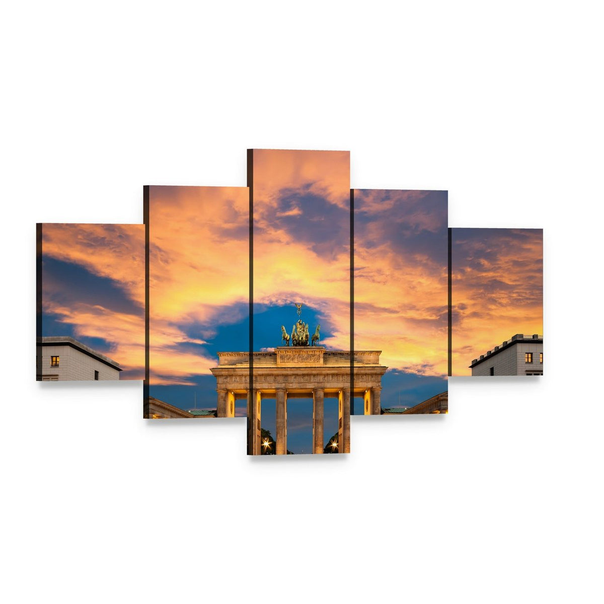 Brandenburg Gate, Berlin Sunset Canvas Wall Art, 5 panel 5 Star layout gallery wrapped canvas set, angled product view