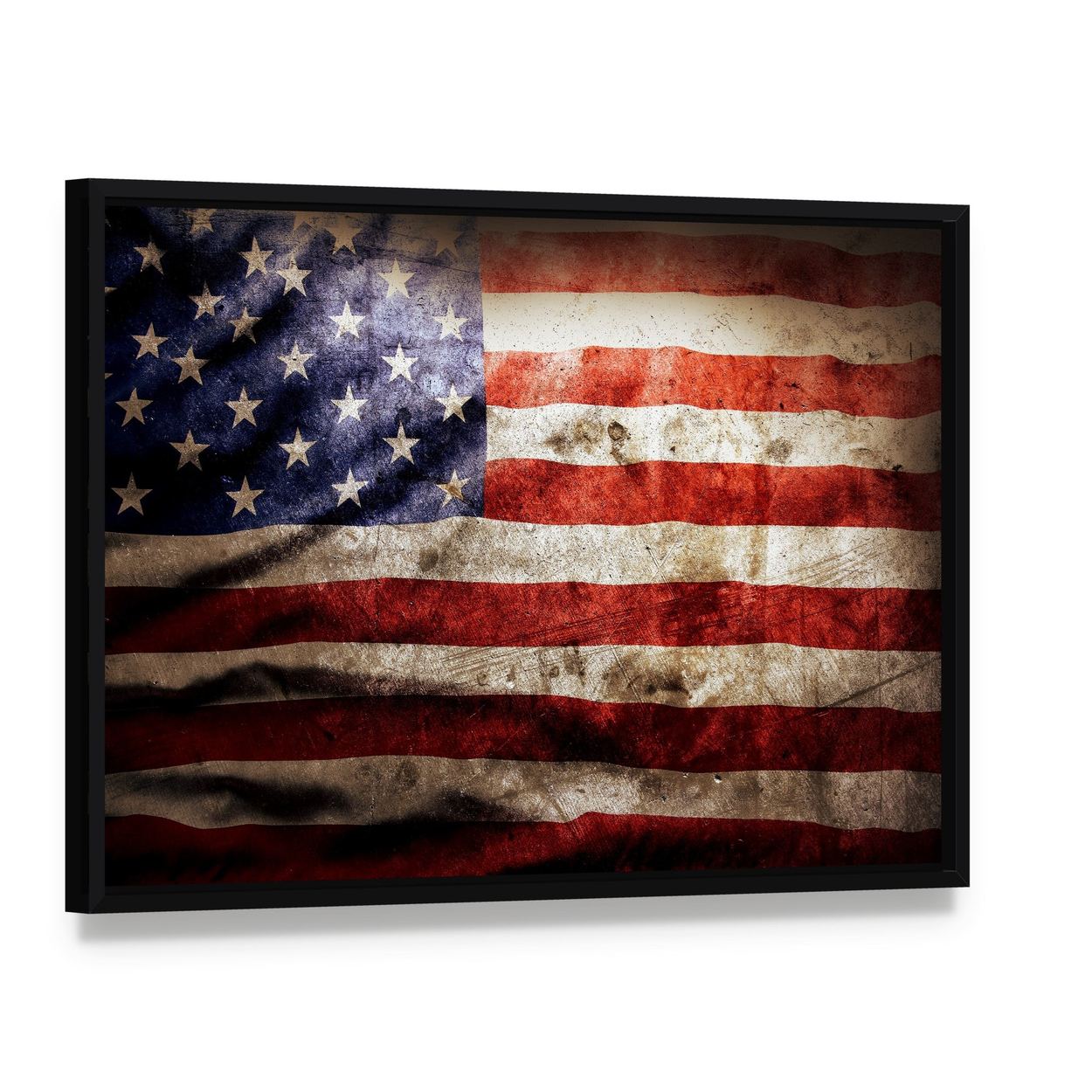 Grunge American Flag Canvas Wall Art, framed canvas in a black floater frame, angled product view