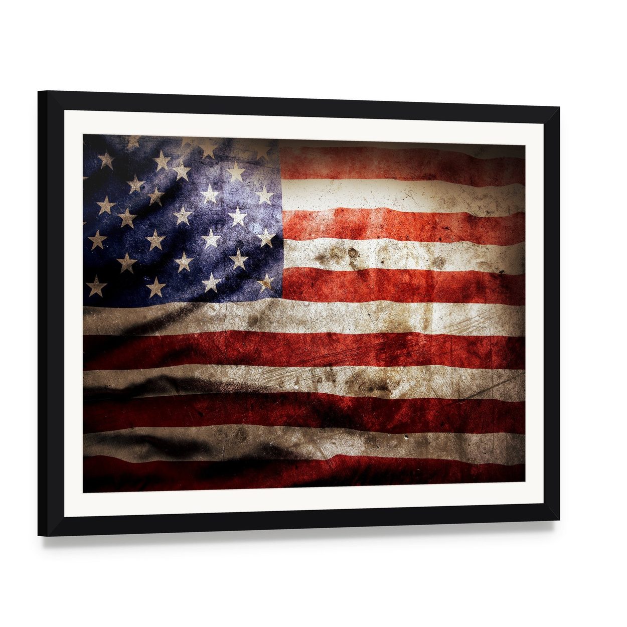 Grunge American Flag Canvas Wall Art, framed print with white mat and black frame, angled product view