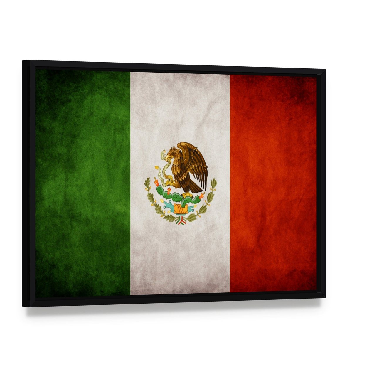 Mexican Flag with Eagle and Snake Canvas Wall Art, framed canvas in a black floater frame, angled product view