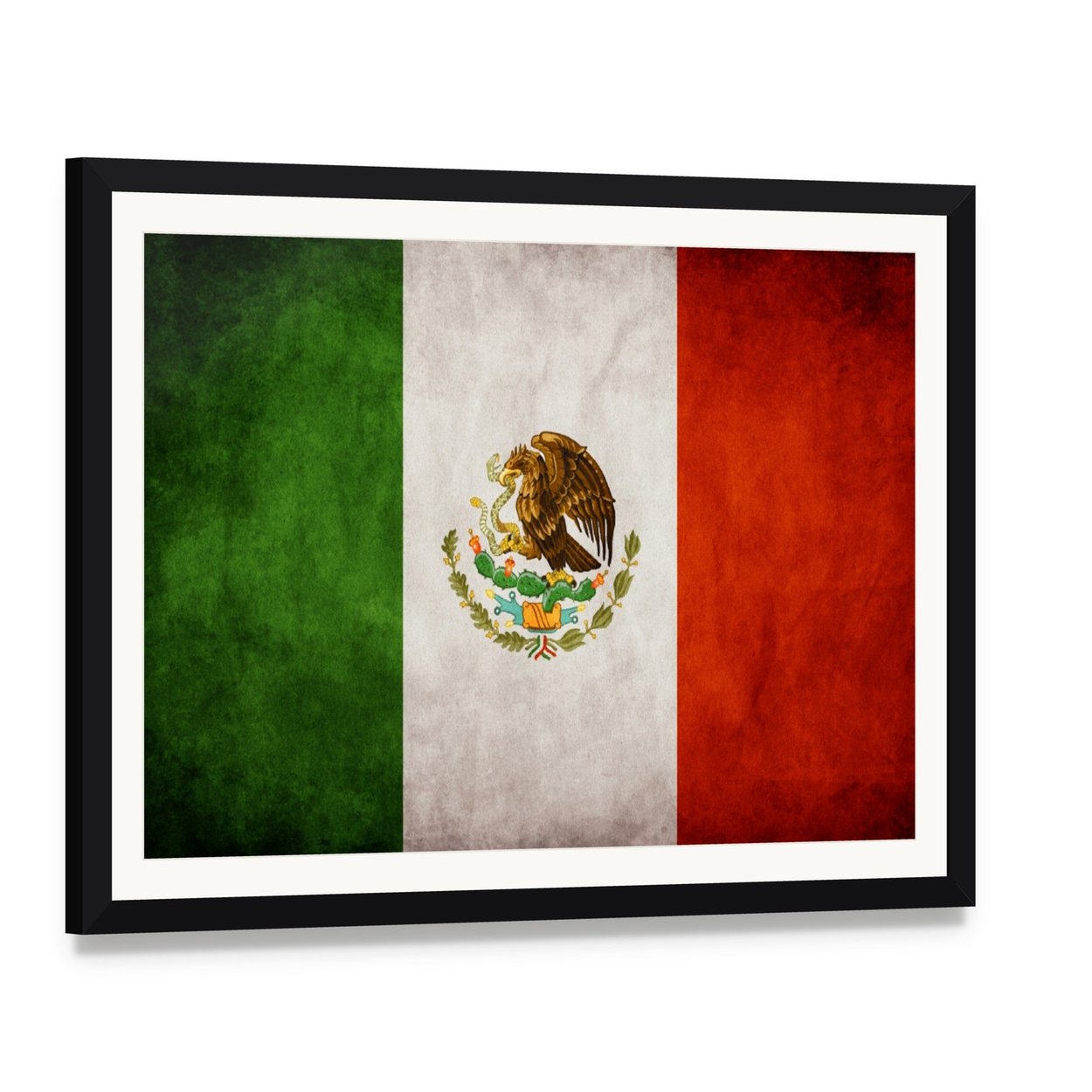 Mexican Flag with Eagle and Snake Canvas Wall Art, framed print with white mat and black frame, angled product view