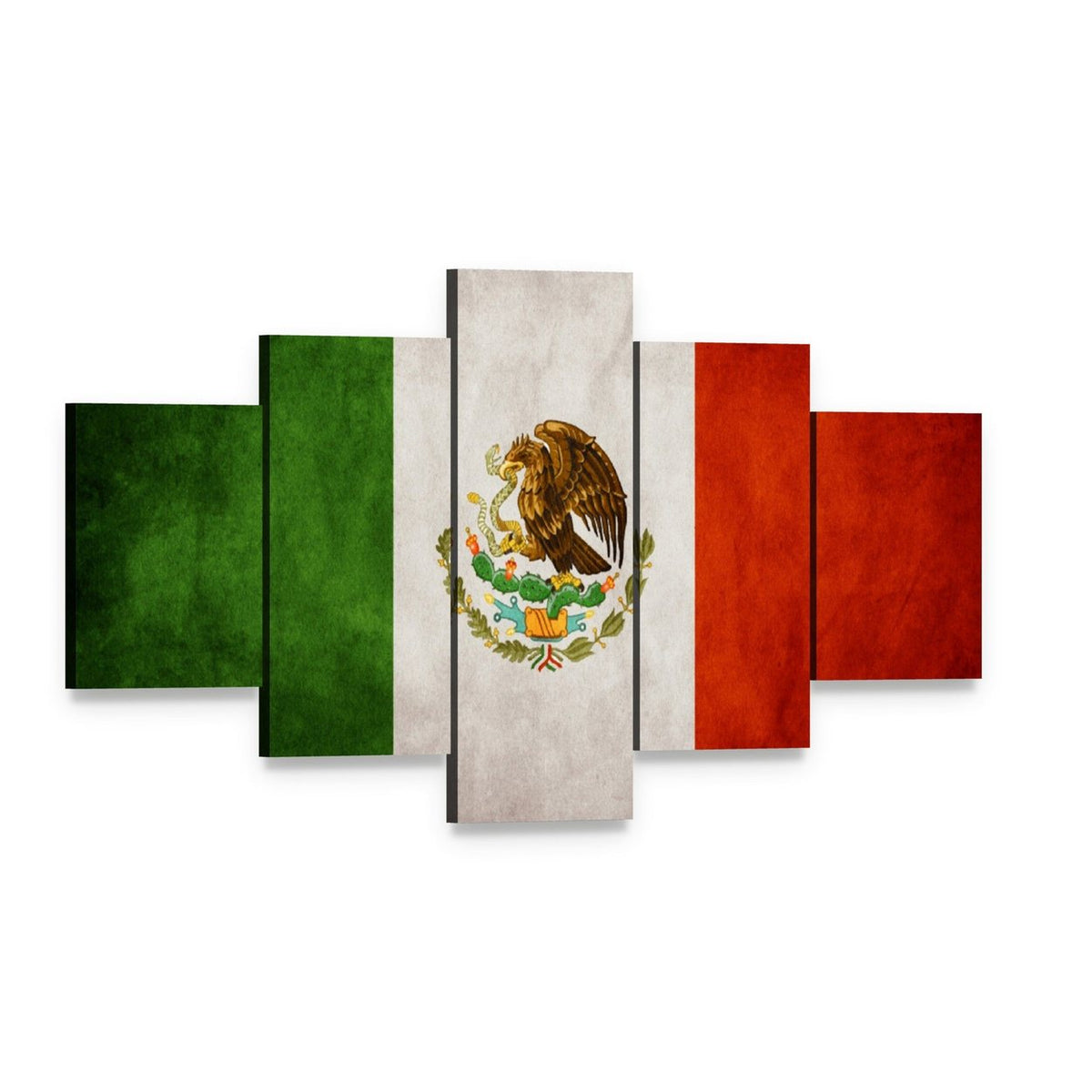 Mexican Flag with Eagle and Snake Canvas Wall Art, 5 panel 5 Star layout gallery wrapped canvas set, angled product view