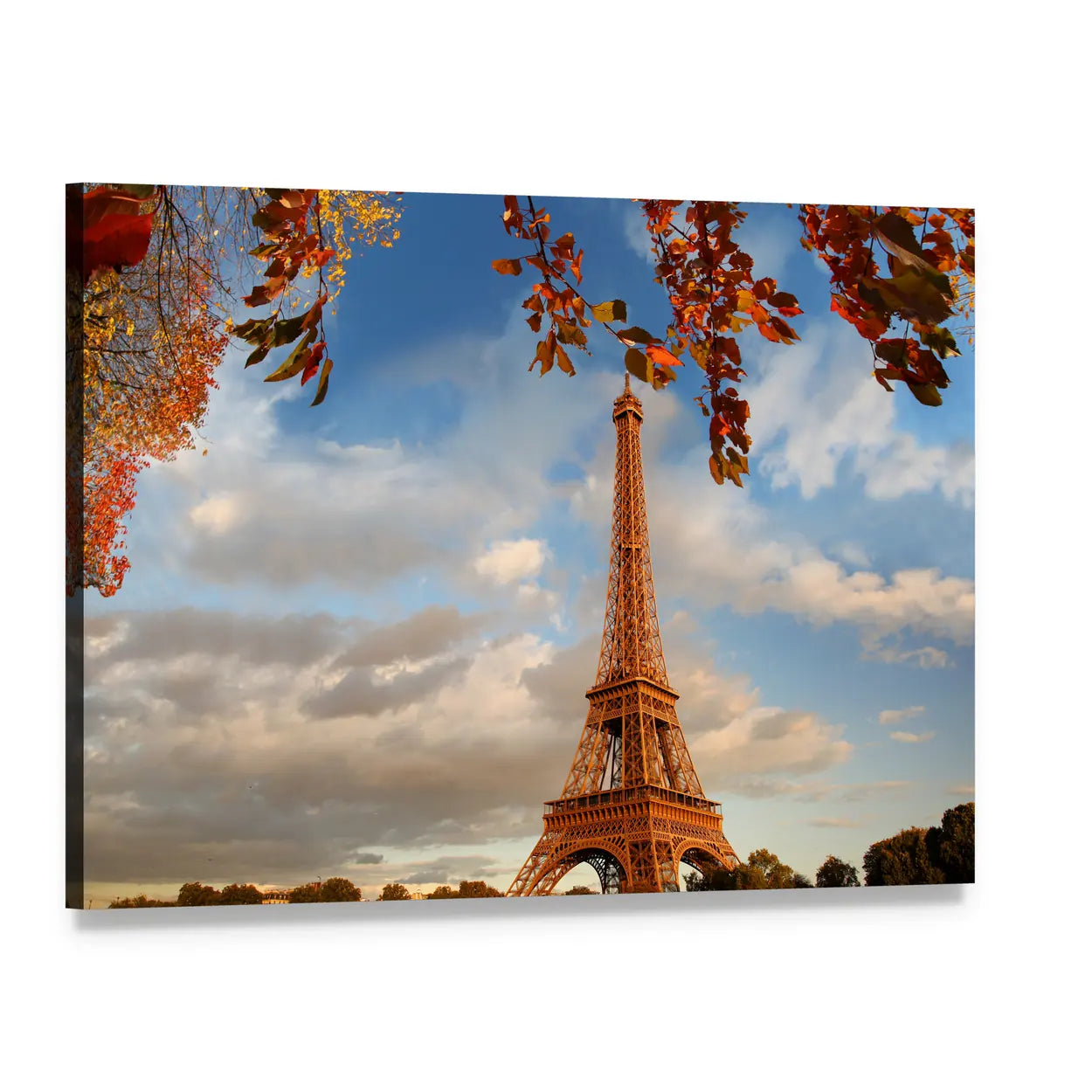 Eiffel Tower Over the Seine in Autumn Canvas Wall Art, single panel gallery wrapped canvas, angled product view