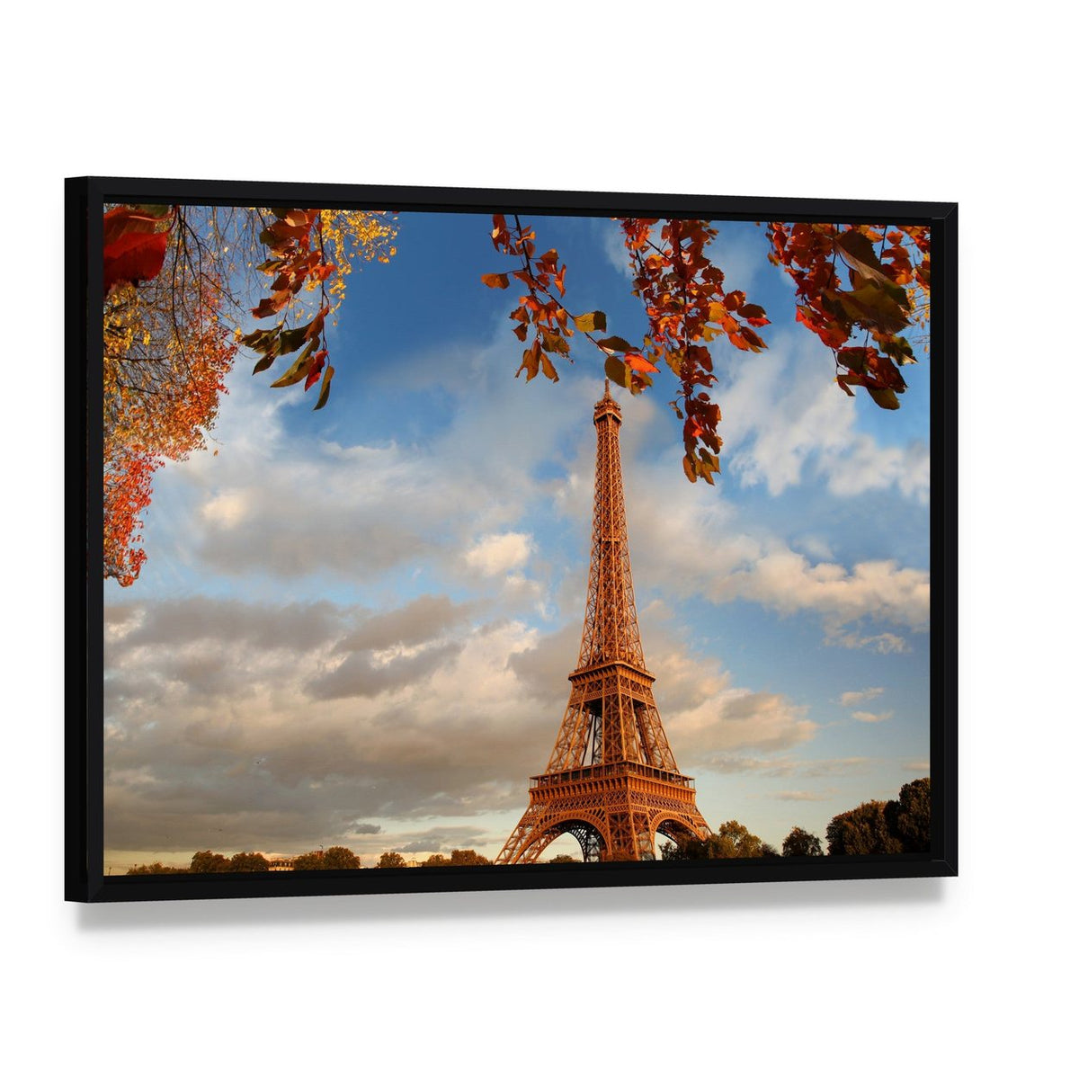 Eiffel Tower in Autumn Canvas Wall Art, framed canvas in a black floater frame, angled product view
