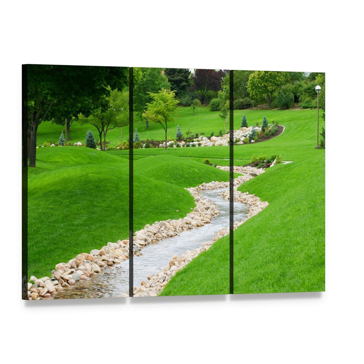 Stream Flowing Through Grassy Hills with Trees Canvas Wall Art, 3 panel 3 Horizontal layout gallery wrapped canvas set, angled product view