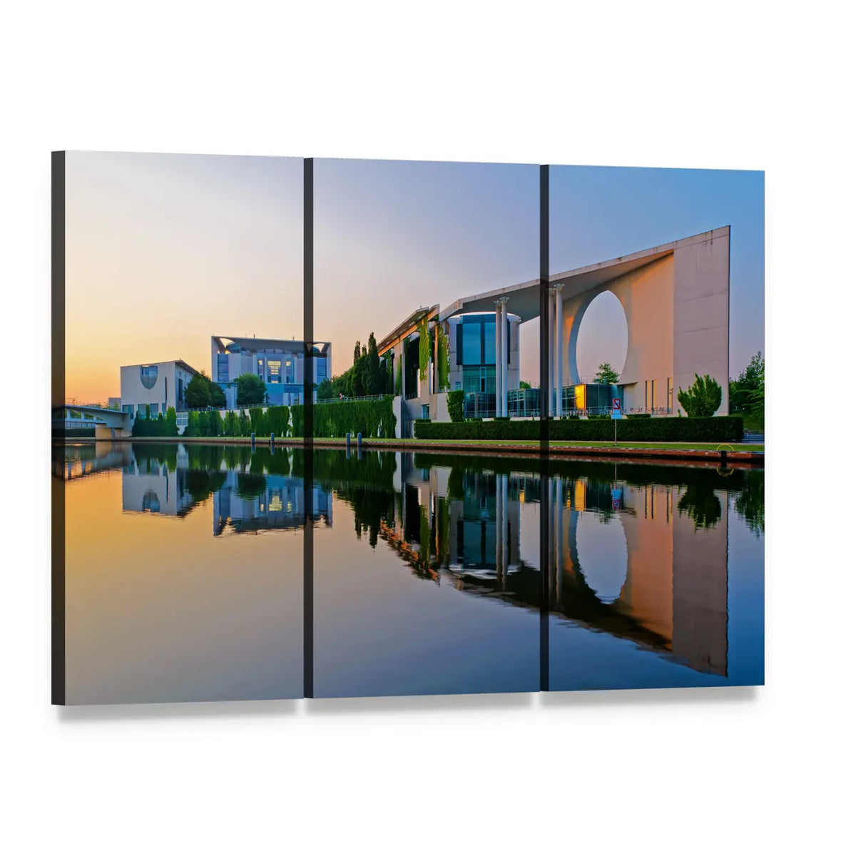 Bundeskanzleramt Berlin at Sunset Canvas Wall Art, 3 panel 3 Horizontal layout gallery wrapped canvas set, angled product view