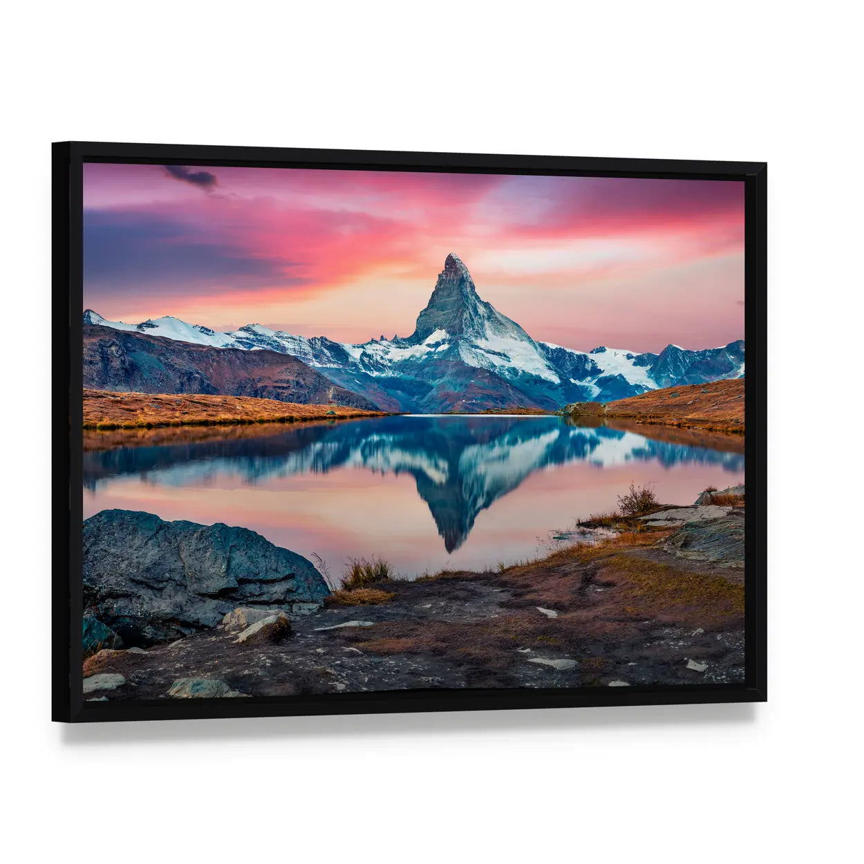 Stellisee Lake With Matterhorn Peak Canvas Wall Art, framed canvas in a black floater frame, angled product view