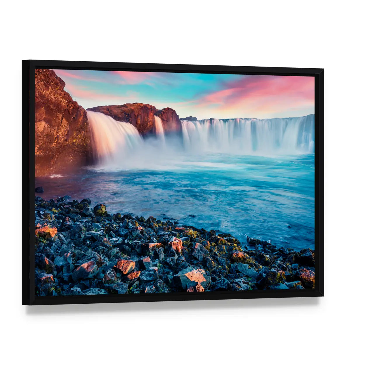 Skjalfandafljot River And Godafoss Waterfall In Iceland Canvas Wall Art, framed canvas in a black floater frame, angled product view