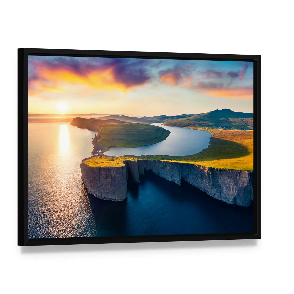 Sorvagsvatn Lake In Vagar Faroe Islands Canvas Wall Art, framed canvas in a black floater frame, angled product view