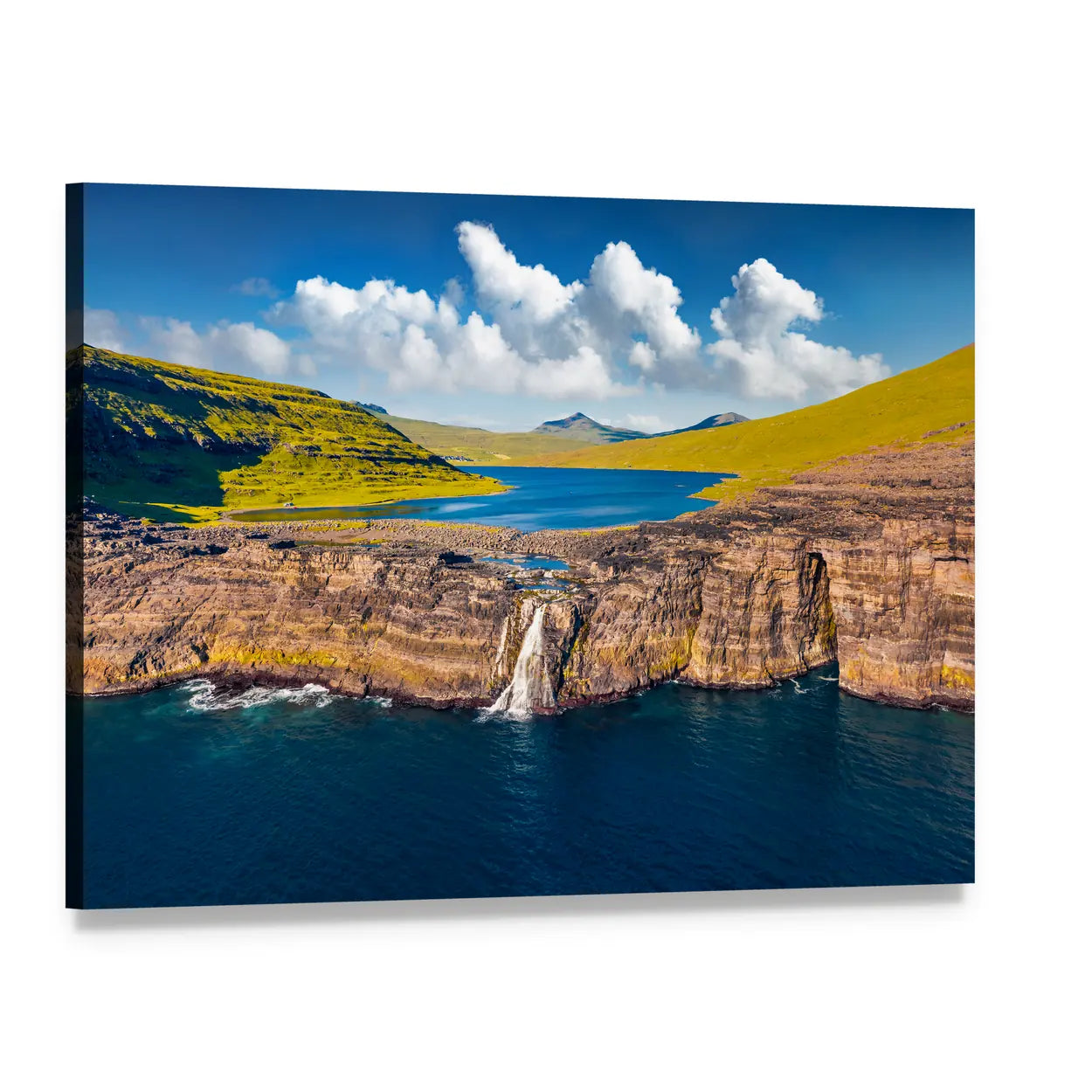 Bosdalafossur Waterfall And Sorvagsvatn Lake In Denmark Canvas Wall Art, single panel gallery wrapped canvas, angled product view