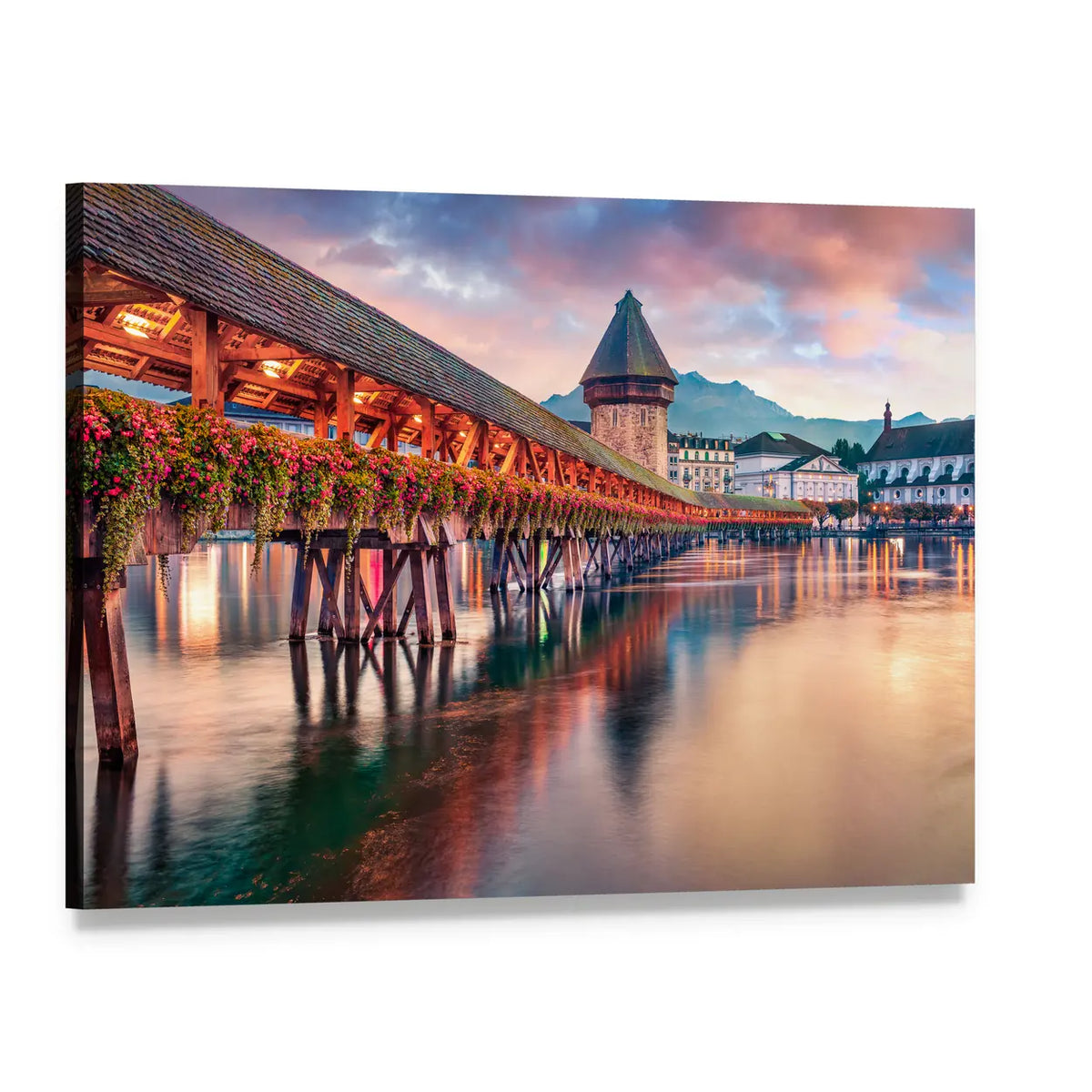 Old Wooden Chapel Bridge Kapellbrucke In Switzerland Canvas Wall Art, single panel gallery wrapped canvas, angled product view