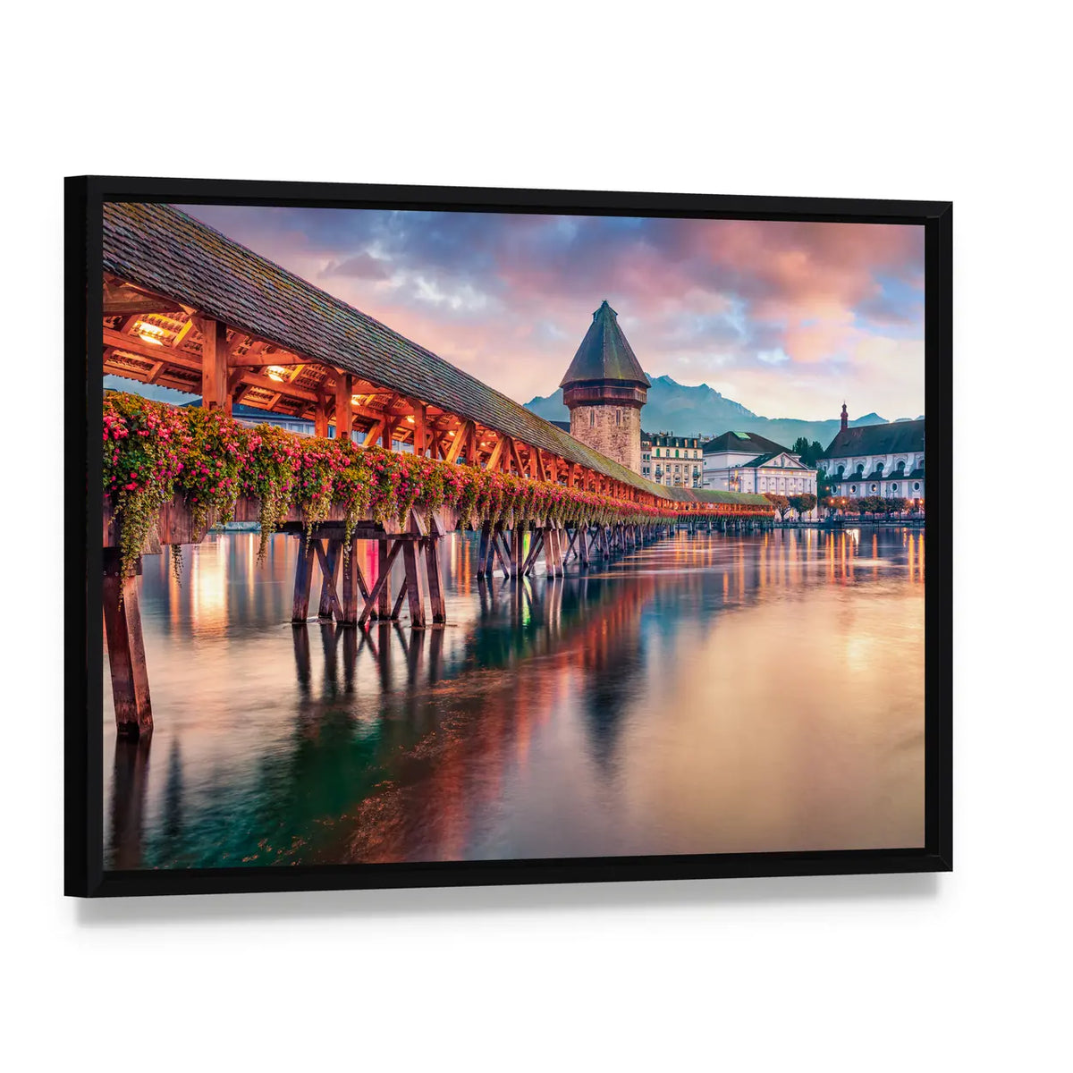 Old Wooden Chapel Bridge Kapellbrucke In Switzerland Canvas Wall Art, framed canvas in a black floater frame, angled product view