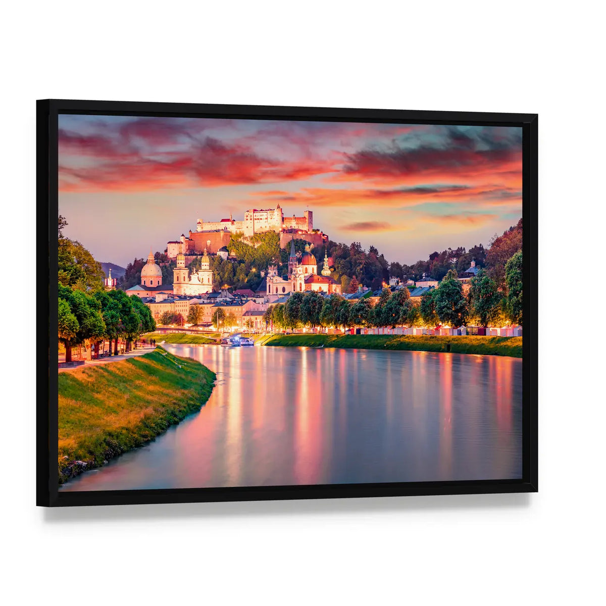 Old Town Of Salzburg In Austria Canvas Wall Art, framed canvas in a black floater frame, angled product view