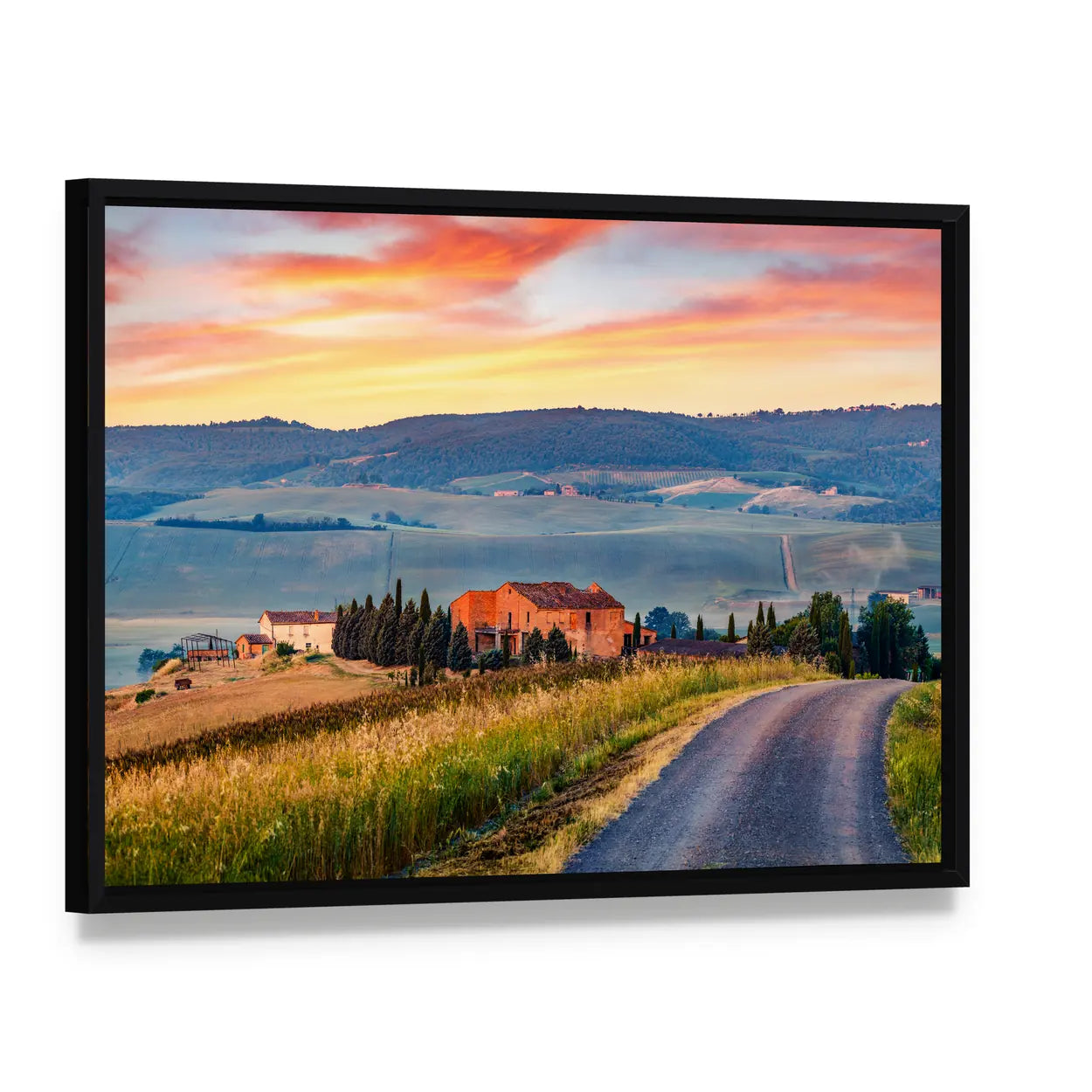 Tuscanian Country Road Canvas Wall Art, framed canvas in a black floater frame, angled product view