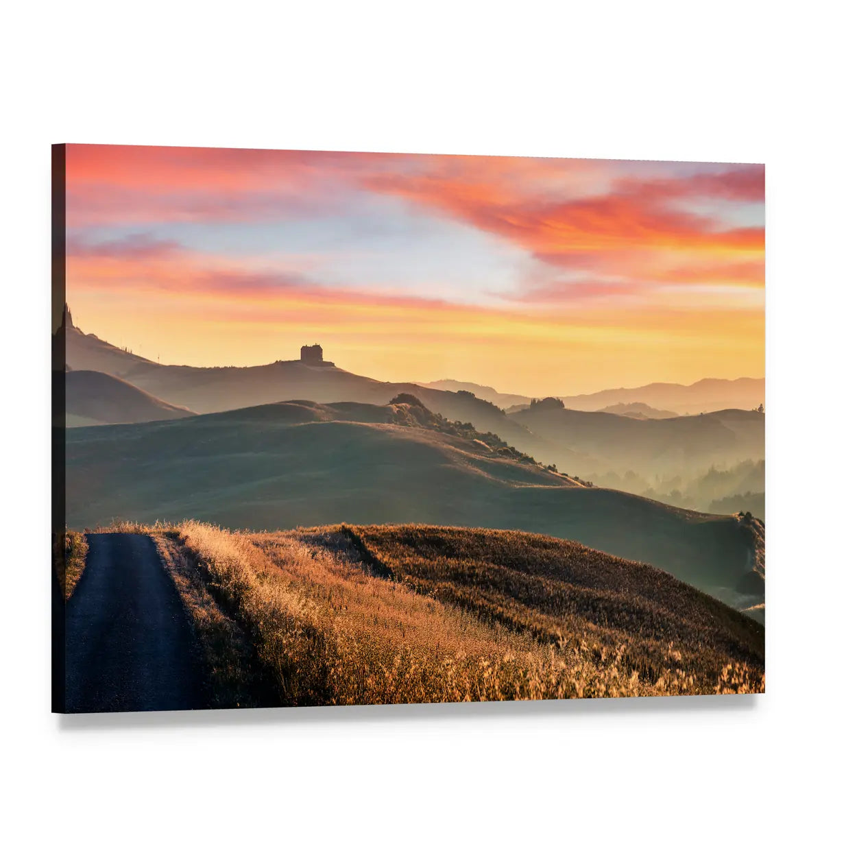 Sunrise Of Italian Countryside Canvas Wall Art, single panel gallery wrapped canvas, angled product view