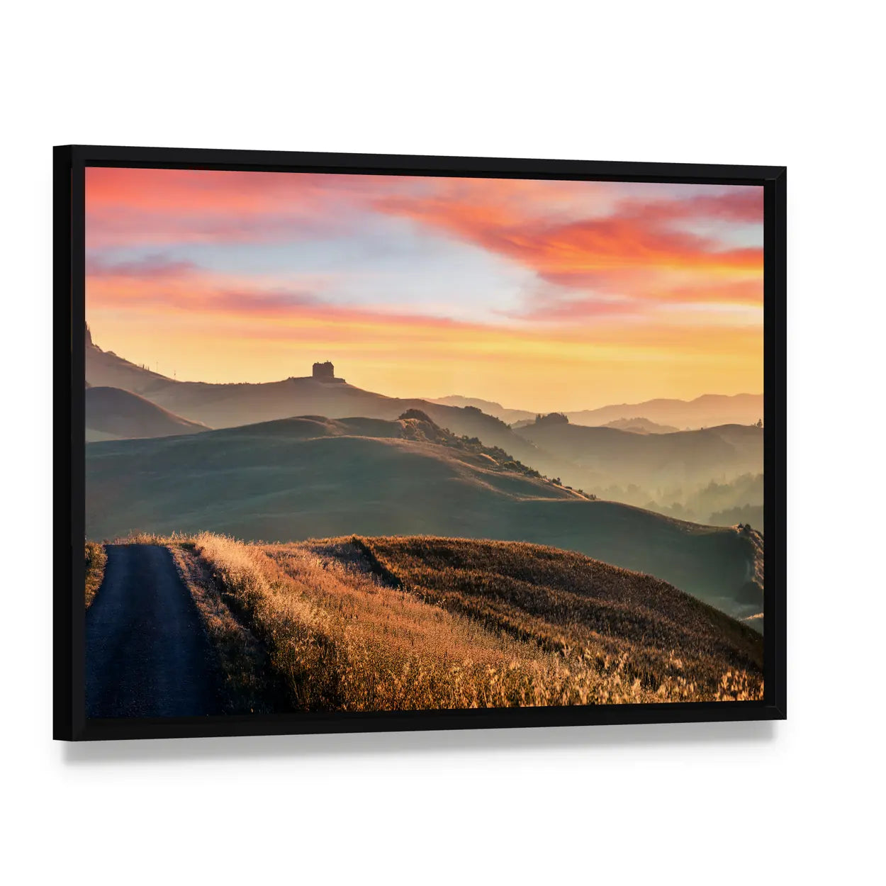 Sunrise Of Italian Countryside Canvas Wall Art, framed canvas in a black floater frame, angled product view