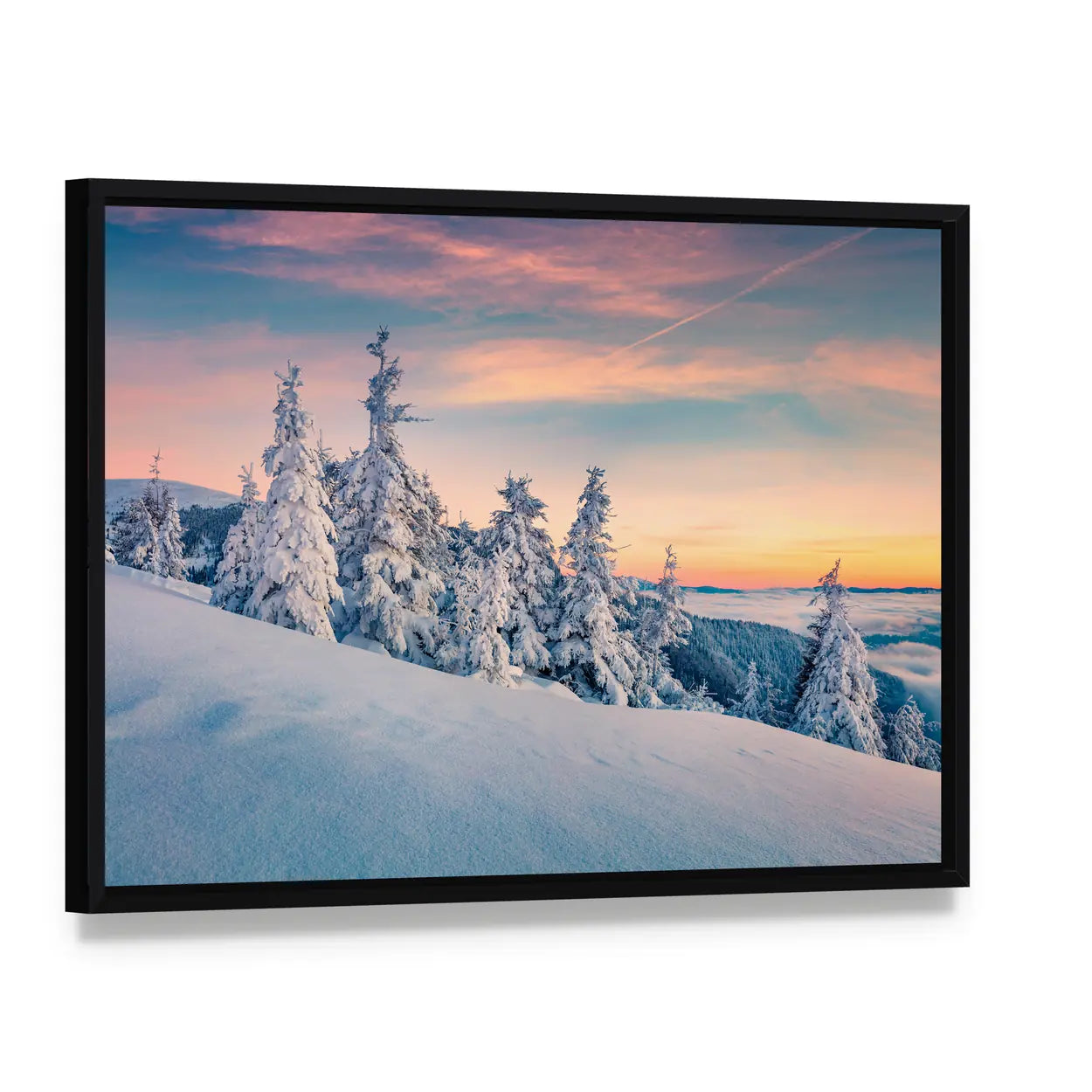 Winter Sunset In Carpathians Ukraine Canvas Wall Art, framed canvas in a black floater frame, angled product view
