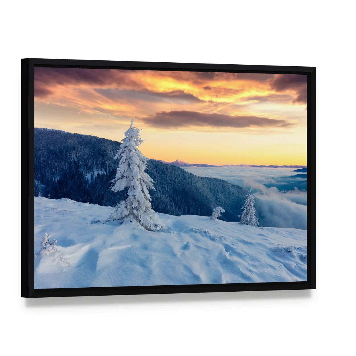 Majestic Snowy Carpathians In Ukraine Canvas Wall Art, framed canvas in a black floater frame, angled product view