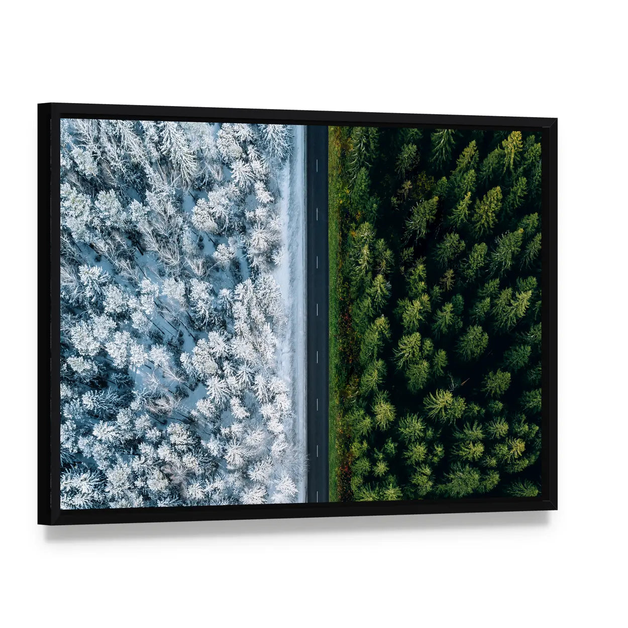Highway Road Through Forest In Summer And Winter Canvas Wall Art, framed canvas in a black floater frame, angled product view
