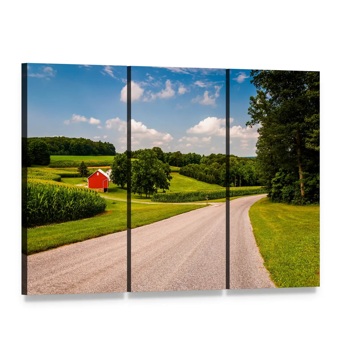 Country Road Farmhouse with Red Barn Canvas Wall Art, 3 panel 3 Horizontal layout gallery wrapped canvas set, angled product view