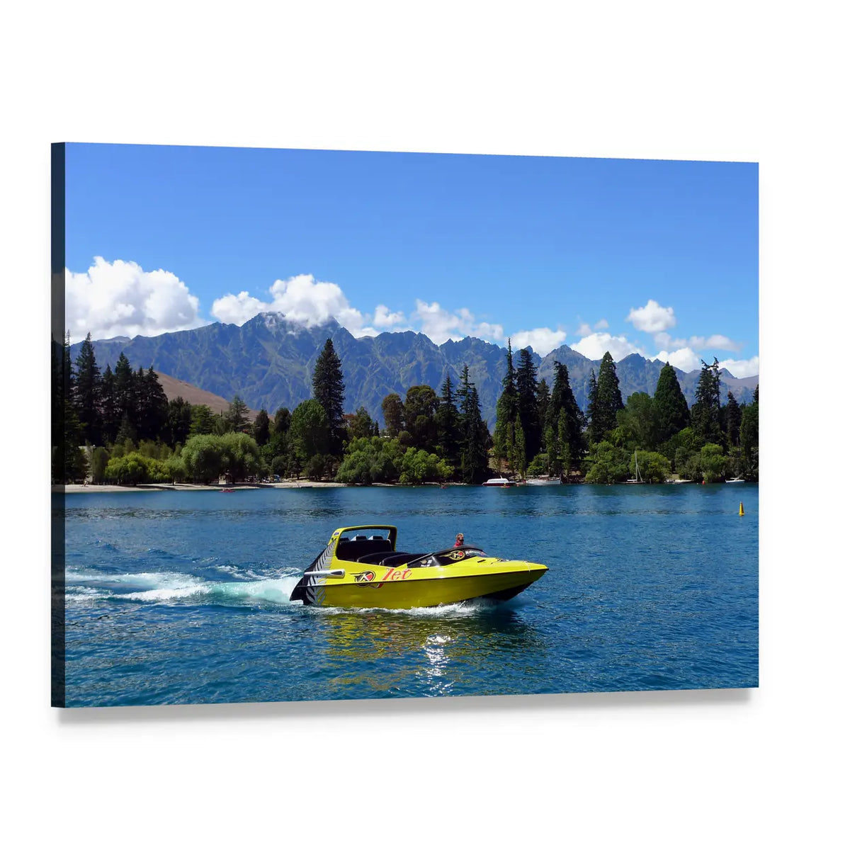 Jet Boat on Lake Wakatipu Canvas Wall Art, single panel gallery wrapped canvas, angled product view