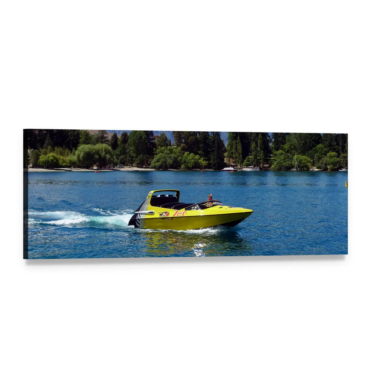 Yellow Jet Boat on Lake Panoramic Canvas Wall Art, single panel gallery wrapped canvas, angled product view
