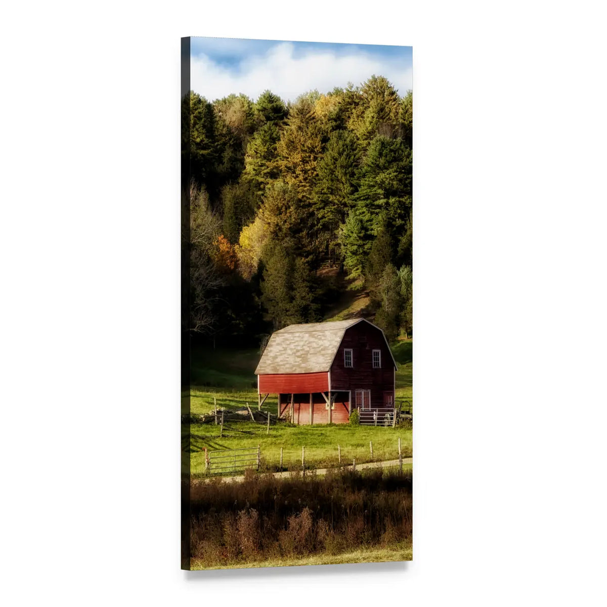 Connecticut Red Barn Landscape Vertical Canvas Wall Art, 1 panel 1 Vertical layout gallery wrapped canvas set, angled product view