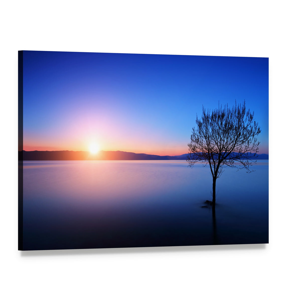 Tree Silhouette Over Lake at Twilight Canvas Wall Art, single panel gallery wrapped canvas, angled product view