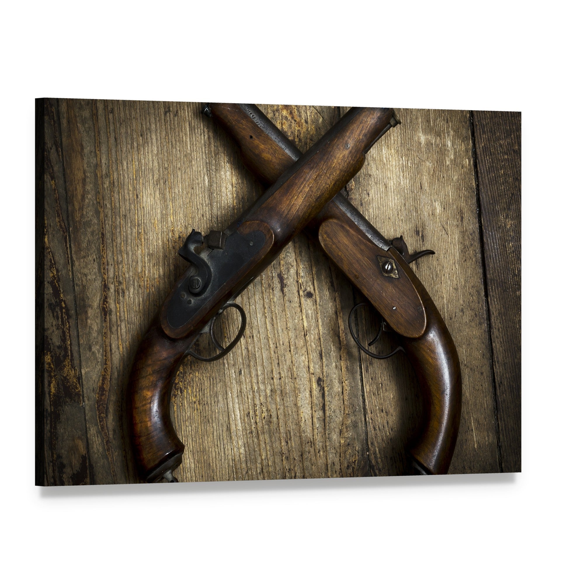 Vintage Pistols on Wooden Table Canvas Wall Art, single panel gallery wrapped canvas, angled product view