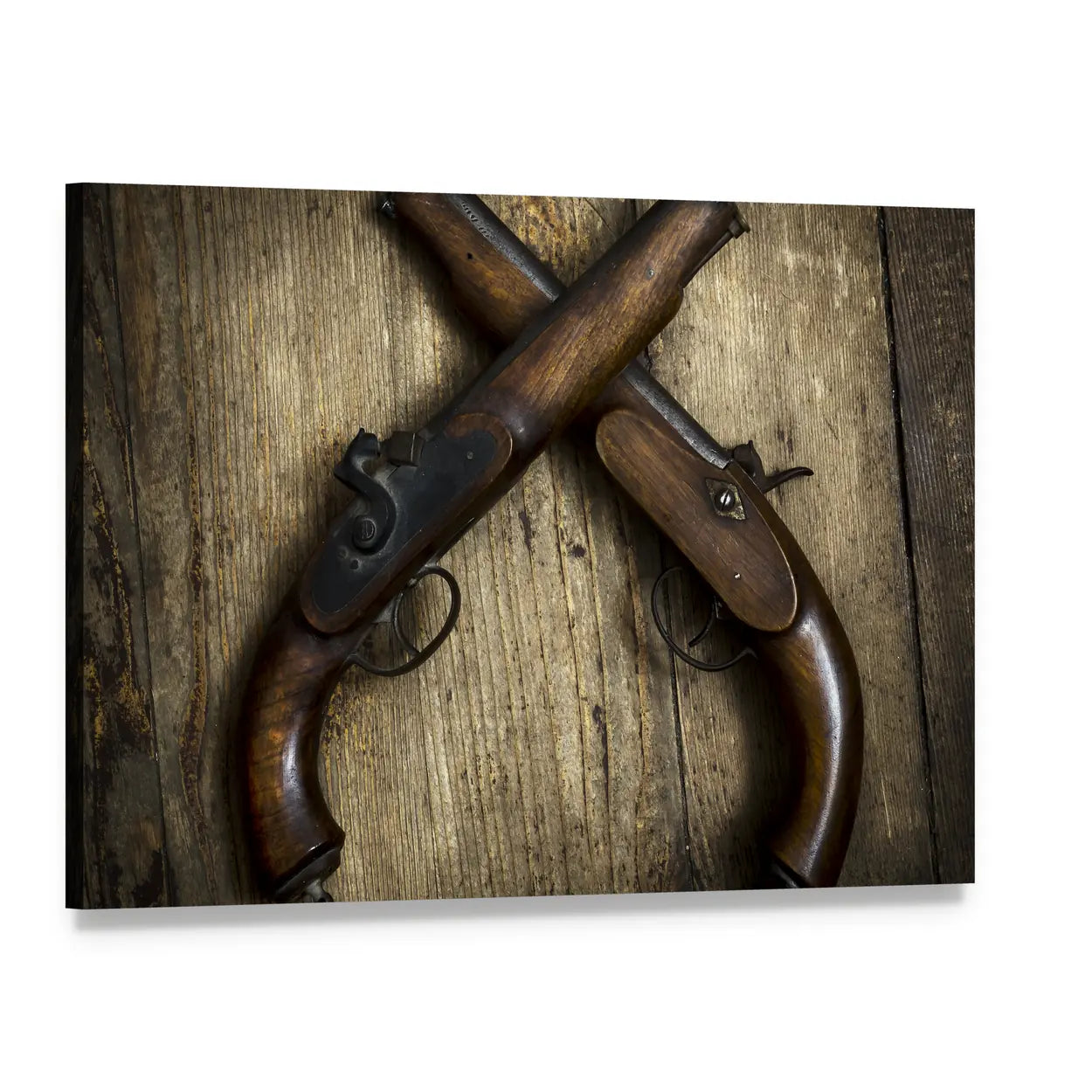 Two Crossed Flintlock Pistols on Weathered Wood Canvas Wall Art, single panel gallery wrapped canvas, angled product view