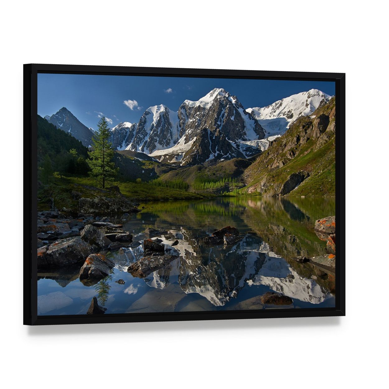 Lake with Snow-capped Peaks Canvas Wall Art, framed canvas in a black floater frame, angled product view