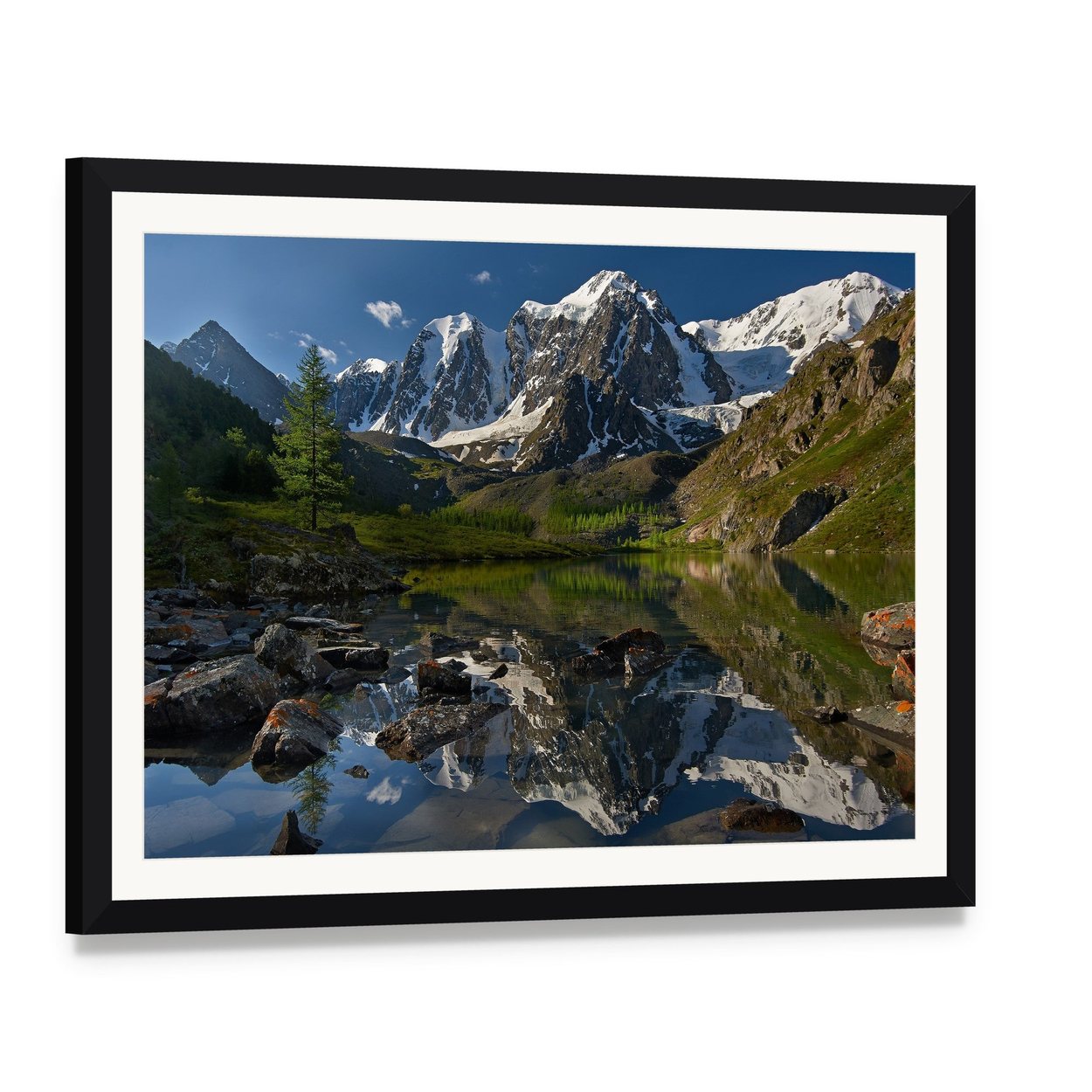 Lake with Snow-capped Peaks Canvas Wall Art, framed print with white mat and black frame, angled product view
