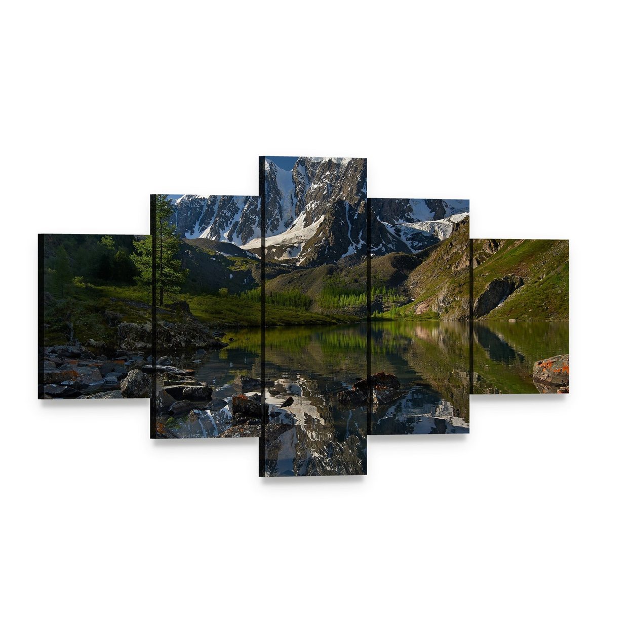 Lake with Snow-capped Peaks Canvas Wall Art, 5 panel 5 Star layout gallery wrapped canvas set, angled product view