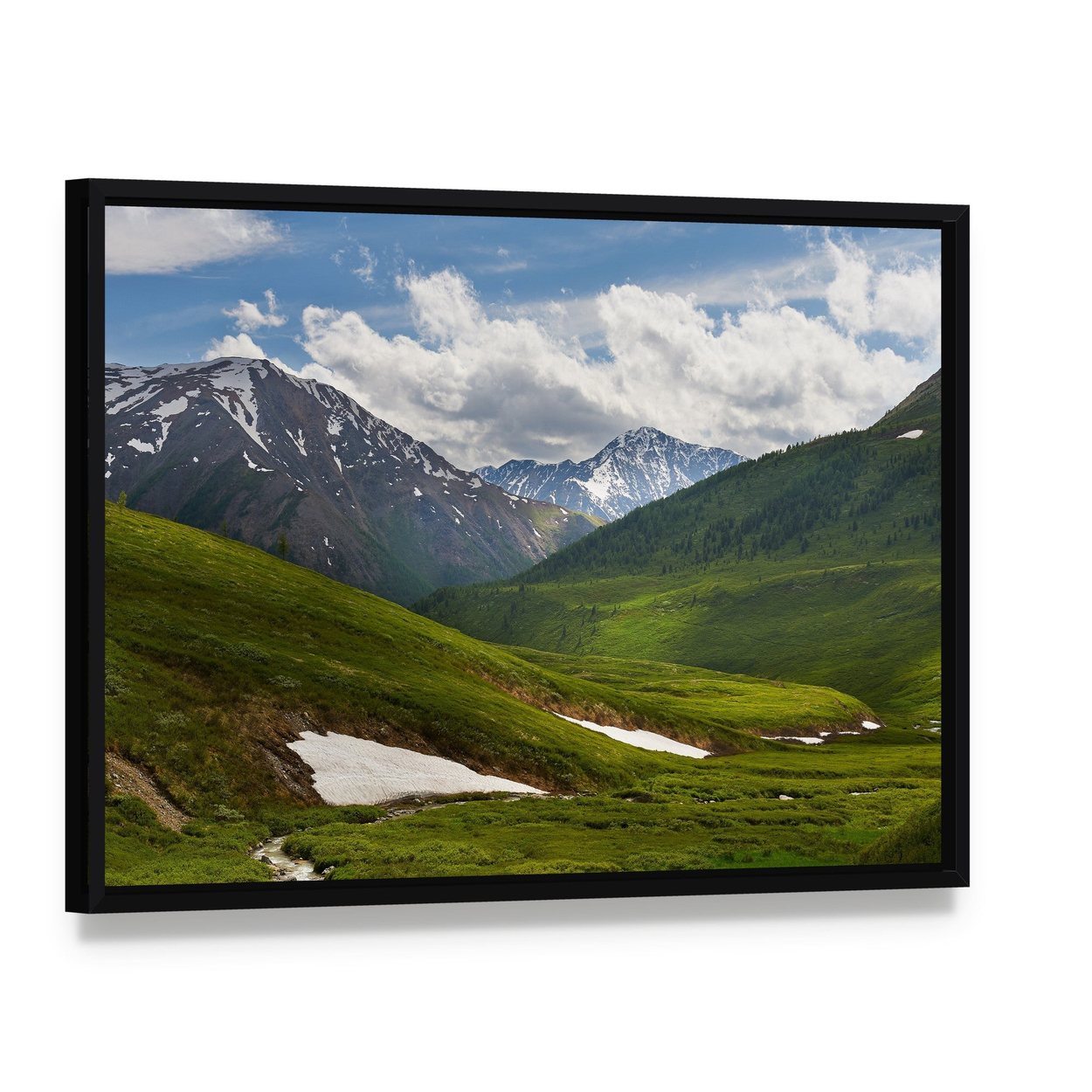 Mountain Lake West Siberia Canvas Wall Art, framed canvas in a black floater frame, angled product view