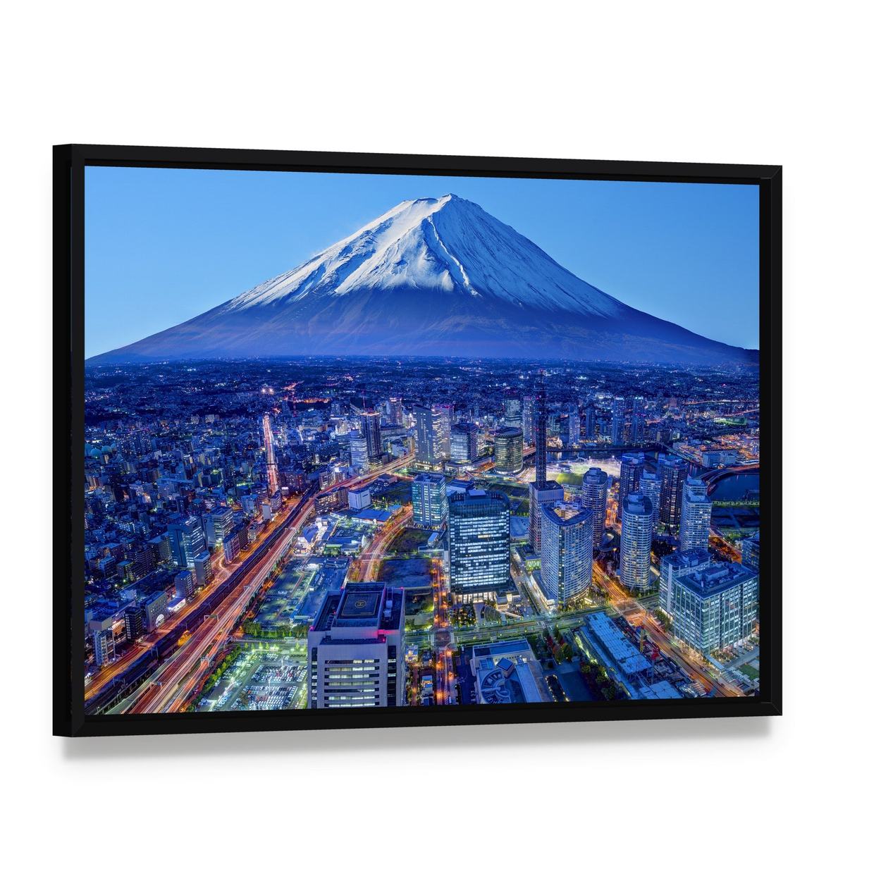 Mt Fuji and Yokohama Night Skyline Canvas Wall Art, framed canvas in a black floater frame, angled product view