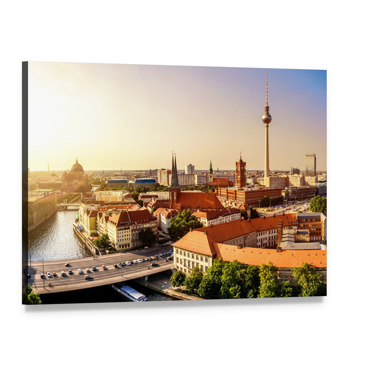 Berlin Town Hall and Tv Tower Canvas Wall Art, single panel gallery wrapped canvas, angled product view